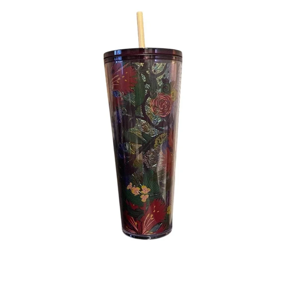 Starbucks Fall 2021 Iridescent Floral Foil Cold Cup Tumbler 24oz w/ Straw